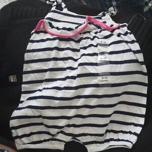 GAP Navy and White Striped Bodysuit with Pink Trim